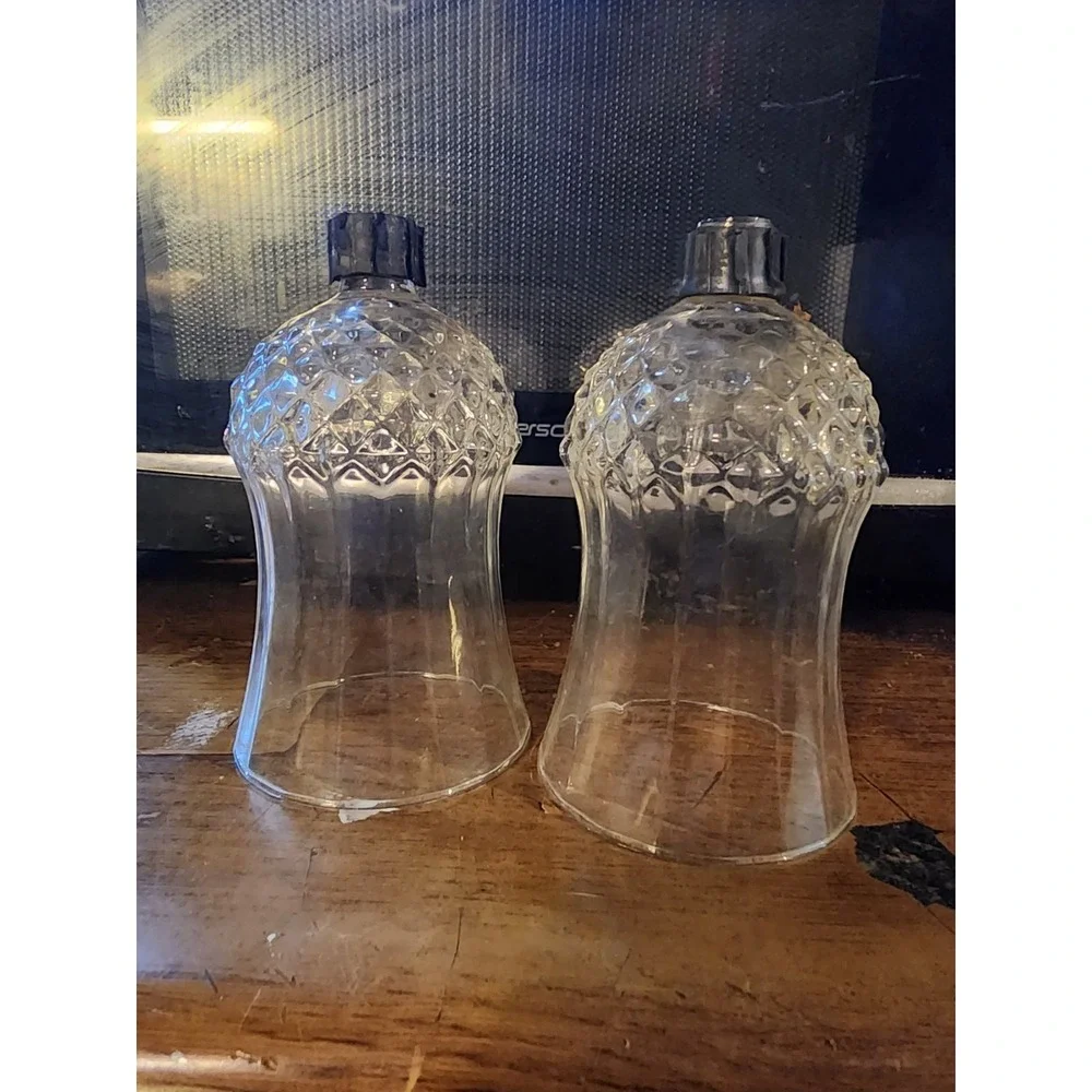 Vintage Set Of 2 Diamond Cut Clear Glass Tall Tulip Pegged Candle Holders